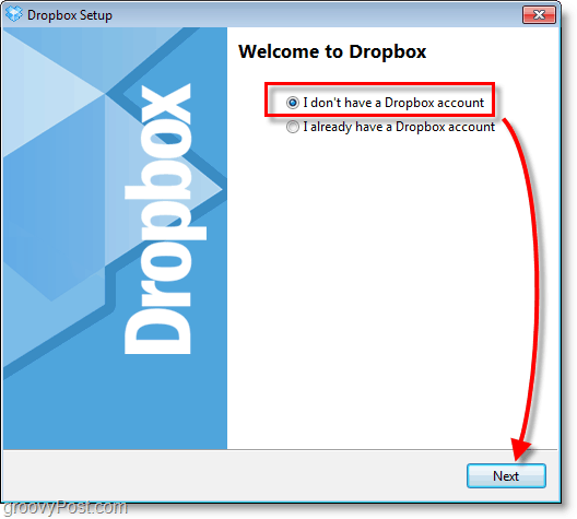 Captura de tela do Dropbox - escolha criar uma nova conta