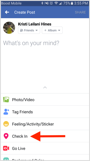 No aplicativo do Facebook, crie uma nova postagem e toque em Check-in.