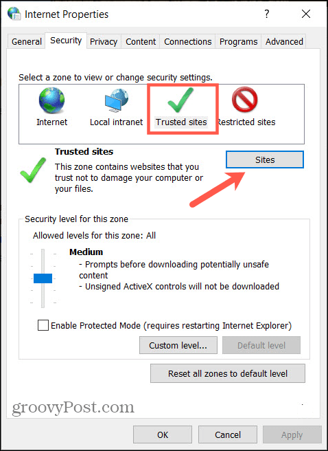 Propriedades e sites da Internet no painel de controle do Windows