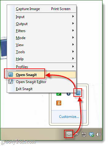 snagit aberto da bandeja do sistema do windows 7