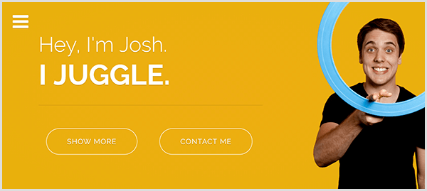 O site de malabarismo de Josh Horton tem um fundo amarelo, uma foto de Josh sorrindo e girando um anel de malabarismo azul claro em seu dedo indicador e um texto em branco que diz Ei, sou Josh. Eu faço malabarismos.
