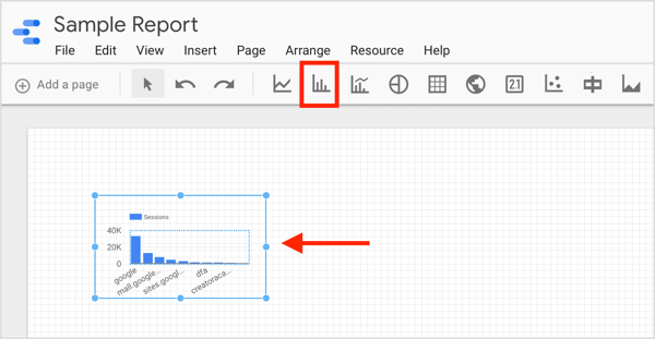 Clique no ícone do elemento que deseja criar e desenhe uma caixa em seu relatório.