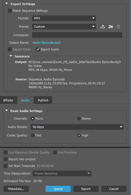 Exporte seu áudio como um arquivo MP3 no Adobe Premiere.