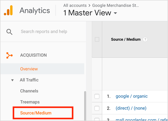 Abra o Google Analytics e vá para Aquisição> Todo o tráfego> Origem / mídia.