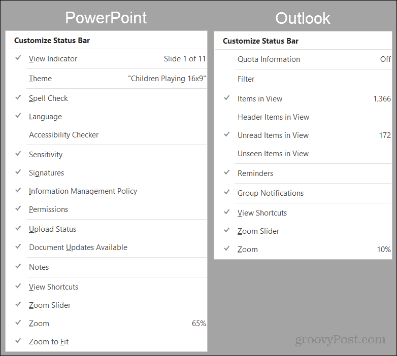 Opções da barra de status do PowerPoint e Outlook
