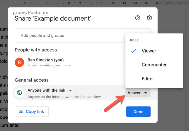 Definir opções de link de compartilhamento no Google Docs