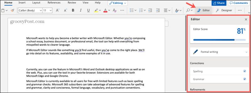 Editor Microsoft em Word na web