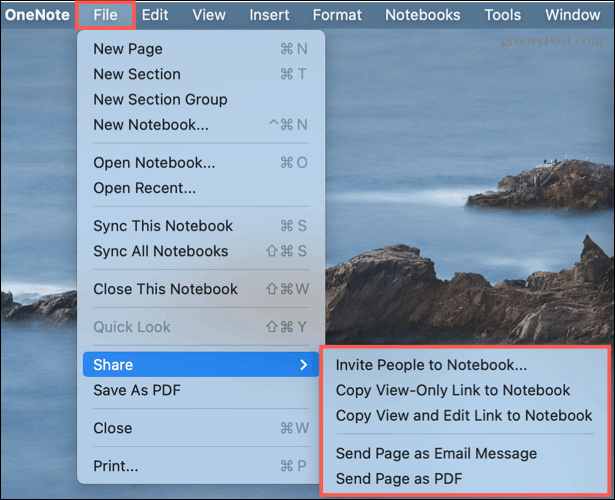 Opções de compartilhamento no OneNote no Mac