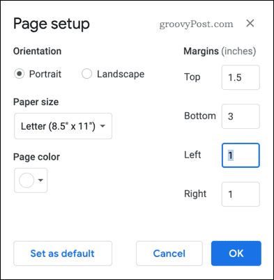 Configuração da página no Google Docs