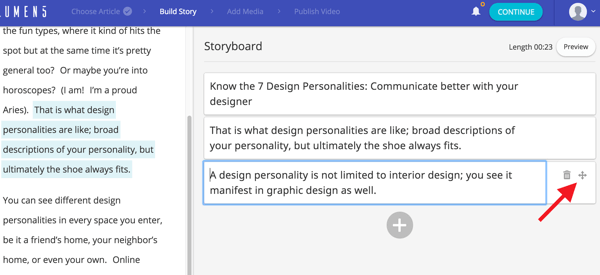 Clique e arraste o ícone de cruz para alterar a ordem de uma caixa em seu storyboard.