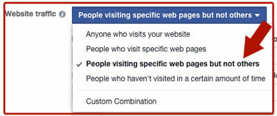 opções de segmentação de tráfego do site de anúncios do Facebook