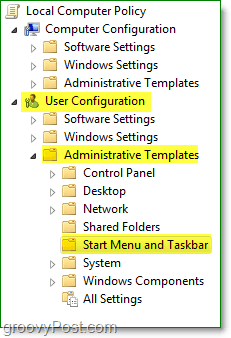 na janela de diretiva de grupo local do Windows 7, navegue até a configuração do usuário, modelos administrativos e, em seguida, menu e barra de tarefas