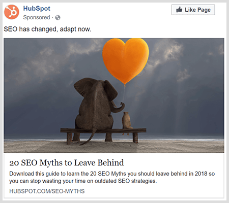 Anúncios de marca compartilham conteúdo útil como este anúncio da HubSpot sobre 20 mitos de SEO para deixar para trás.
