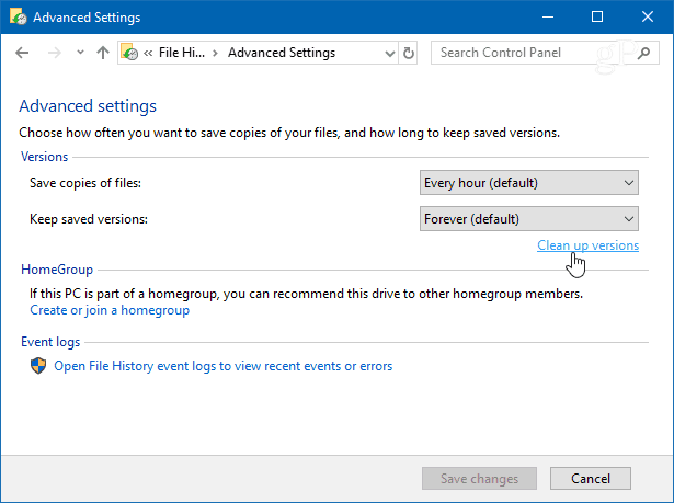Limpar versões Histórico do arquivo do Windows 10