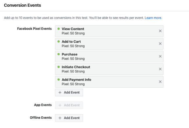 eventos de conversão para teste de validação para experiências do Facebook
