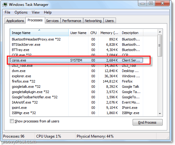 csrss.exe como visto no gerenciador de tarefas do Windows 7