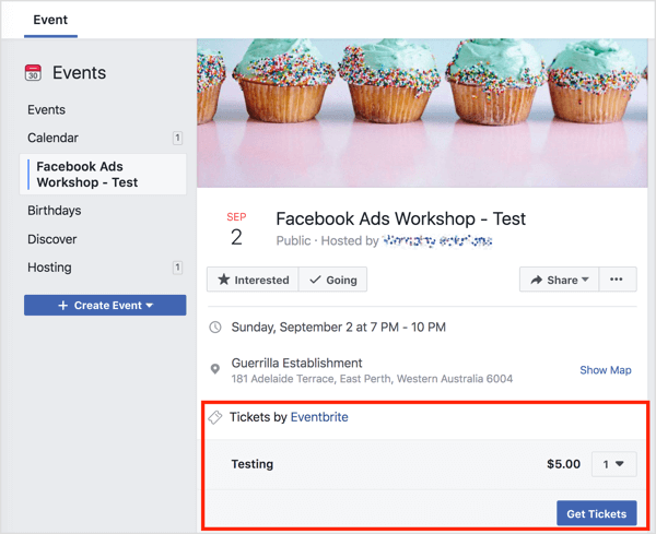 Esta é a aparência da página de eventos do Facebook para você como administrador.
