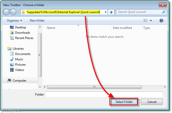 a janela de início rápido da nova barra de ferramentas, insira o endereço% appdata% MicrosoftInternet ExplorerQuick Launch para procurar a pasta correta