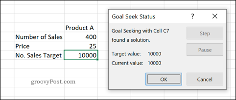 Uma visualização da ferramenta Busca de Meta no Excel