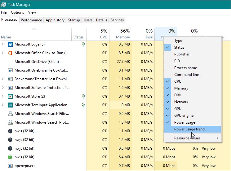 Adicionar coluna do monitor de energia Windows 10 1809