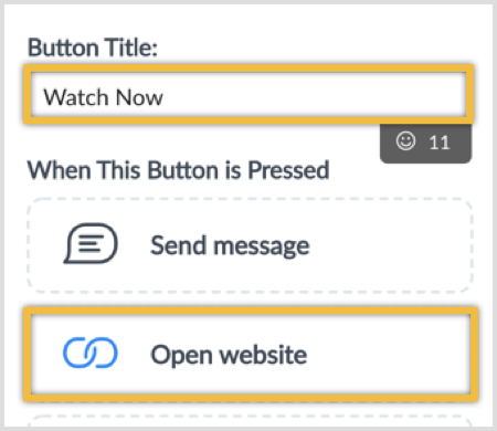 Digite o título de um botão e selecione a opção Abrir site.