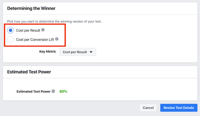Determinando a seção Vencedor do teste A / B para Experimentos do Facebook