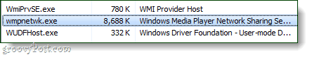 serviço de compartilhamento de rede do Windows Media Player no gerenciador de tarefas
