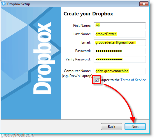 Captura de tela do Dropbox - insira as informações da sua conta