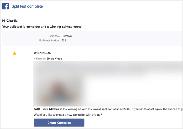 Você receberá um e-mail após a conclusão do teste de divisão do Facebook.