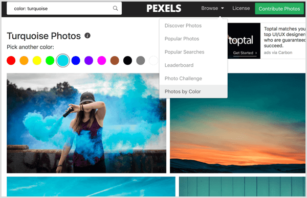 Pexels classificar fotos por cor