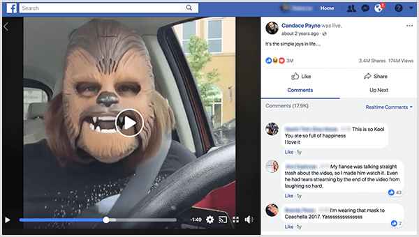 Candace Payne foi ao vivo no Facebook com uma máscara Chewbacca do estacionamento do Kohl. No momento em que esta captura de tela foi feita, seu vídeo tinha 3,4 milhões de compartilhamentos e 174 milhões de visualizações.