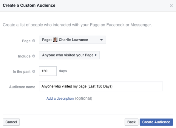 Para criar seu público personalizado do Facebook, selecione Qualquer pessoa que visitou sua página na lista suspensa Incluir.