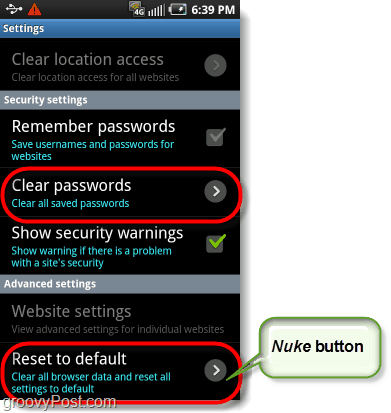 botão nuke do navegador Android, redefinir os padrões de fábrica e limpar as senhas