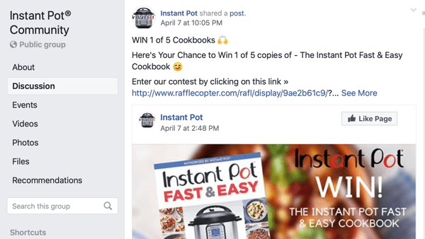 Como usar os recursos dos Grupos do Facebook, exemplo de uma postagem na página em um grupo da Comunidade Instant Pot