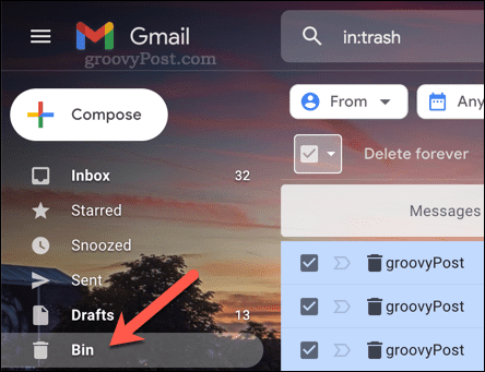 Abrindo a pasta Lixeira (Bin) no Gmail