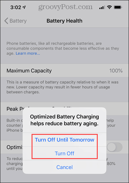 Desativar opções para carregamento otimizado da bateria no iPhone