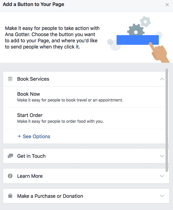 Você pode escolher entre um grande número de botões CTA para sua página do Facebook.