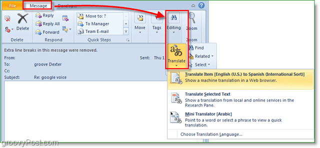 no Outlook, o botão de tradução está localizado em um local diferente, onde fica?