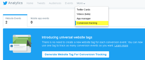 O Twitter permite que você adicione código ao seu site para rastreamento de conversões e para criar públicos personalizados.