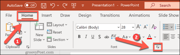 Acessando o menu de opções de Fontes no PowerPoint no Windows