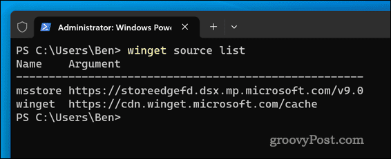 Comando Winget source list