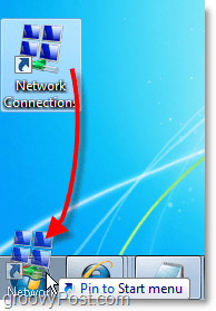 arraste o atalho da área de trabalho para o menu Iniciar para conexões de rede no Windows 7, acesso fácil