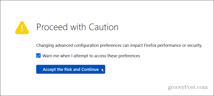 aceitar sobre o risco de configuração do Firefox
