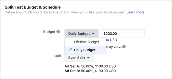 Selecione o orçamento diário para o orçamento de anúncio