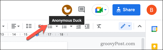 Um exemplo de usuário anônimo em um documento do Google Docs.