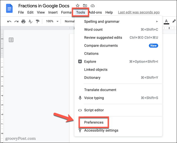 Abrindo o menu de preferências do Google Docs