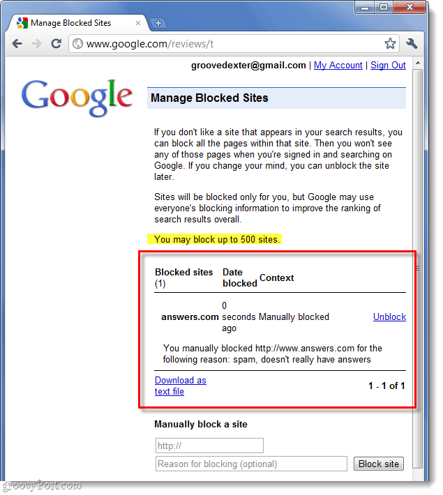lista dos seus sites bloqueados pelo google