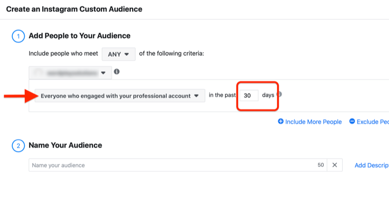 menu para criar um público personalizado do instagram com a opção de adicionar pessoas que se envolveram com sua conta profissional nos últimos 30 dias