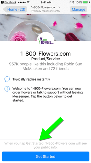 Enviar uma mensagem para 1-800-Flowers.com por meio de sua página do Facebook torna mais fácil para os usuários se tornarem clientes.