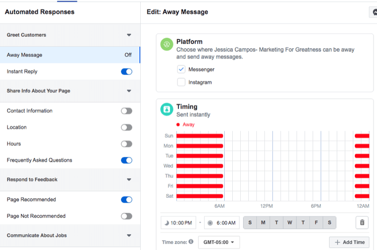 captura de tela das configurações de tempo para resposta automática de mensagem de ausência do Facebook Messenger